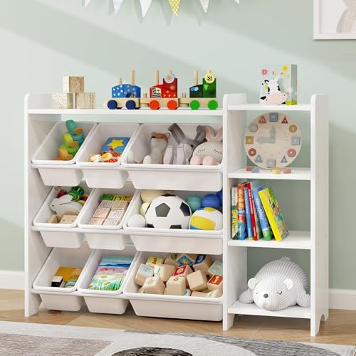 MallBest Kids Toy Storage Organizer with Bins, Solid Pine Wood Frame Toy Storage Cabinet and Kids Bookshelf, 3-Tier Playroom Organizer for Kids Room, Nursery and Bedroom, White by MallBest