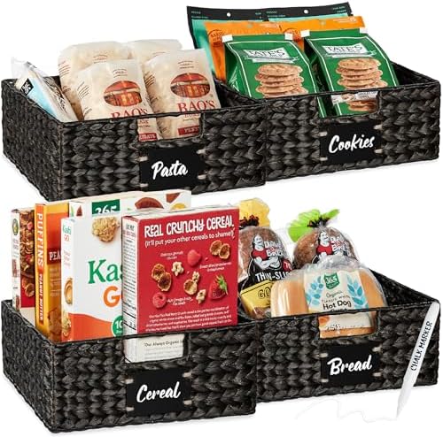 Best Choice Products Set of 4 13x12in Water Hyacinth Pantry Baskets, Woven Organizers w/Chalkboard Label, Chalk Marker - Black by BestChoiceProducts