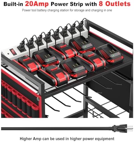 JUNNUJ Garage Large Power Tool Organizer Cart with 20A Charing Station, Heavy Duty Drill and Tools Battery Holder Storage Rack, Floor Standing Rolling Tool Cart on Wheels, Red - Image 2