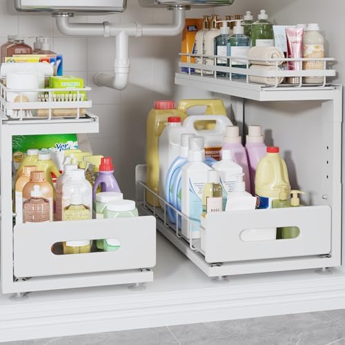 Under Sink Organizer Upgrade To Professional Rails,2-Tier Dual Pull Out Cabinet Storage,Height Adjustable Slide Out Drawers For Bathroom Kitchen,2 Pack-18.5"Dx12.8"-16.9"H,White by UnderSinkOrganizer