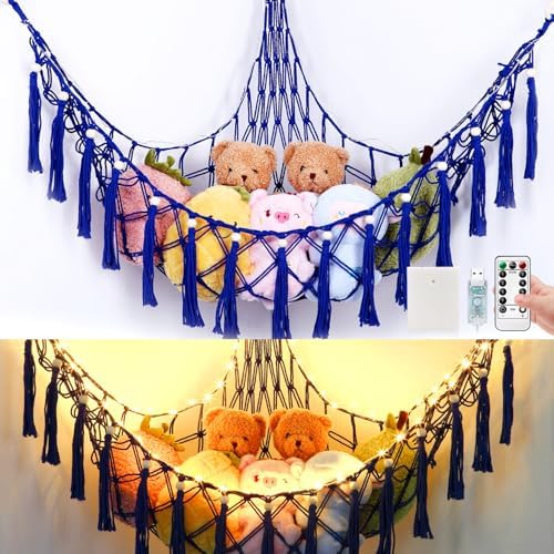 Stuffed Animal Hammock, 55in Storage Macrame Hammock with 75LEDs, Hanging Net for Kids Bedroom Doll Room Corner Organizer, USB Powered Plush Animal Storage Net with Remote (Dark Blue, XL) by KrislaitbyAmbienceGlobal