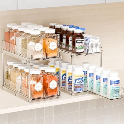 Yieach 2 Tier Sliding Spice Racks for Cabinets,2 Pack 10.4'' Deep Narrow Vertical Spice Rack Pull Out for Inside Cabinets,Kitchen,Pantry,Cupboard Seasoning,Jar Organizer and Medicine Cabinet Storage by Yieach