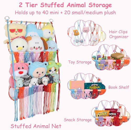 2 Tier Stuffed Animal Storage Net, Large Boho Plushies Stuffy Net,Rainbow - Image 6
