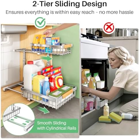 Kitstorack Under Sink Organizer, 2 Tier Under the Sink Storage, Slide out Pull out Cabinet Organizer Shelf, Metal Sliding Drawer for Kitchen Bathroom Pantry Closet Organization Rack, Silver, 1 Pack - Image 7