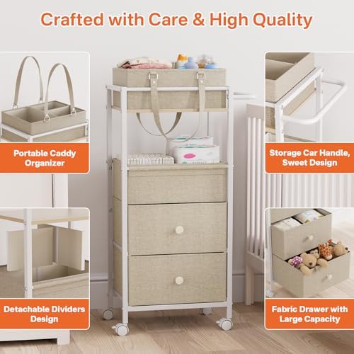 3In1 Modanais Baby Diaper Caddy Organizer Cart with Drawers, Off White - Image 4