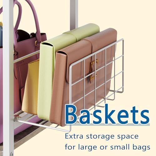 White Purse Organizer, 3-Tier Floor Standing Bag Rack Stand Featuring Side Hooks and Baskets, Adjustable Feets, High Capacity Metal & Wood Handbag Holder Design for Closet Storage, Patent Pending - Image 5