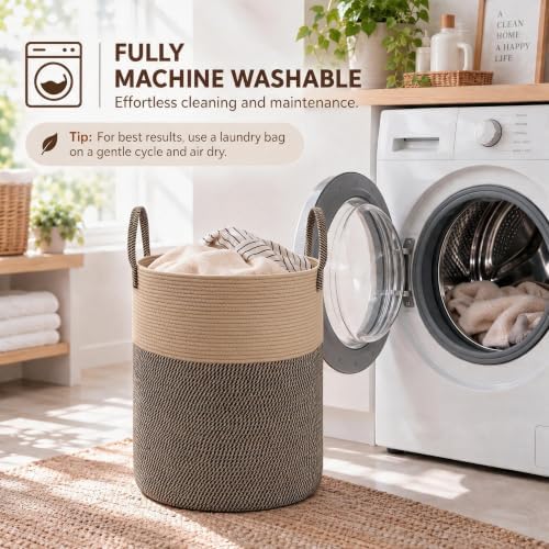 JMvicyroam 60L Cotton Rope Laundry Basket Hamper, Brown and Black - Image 5