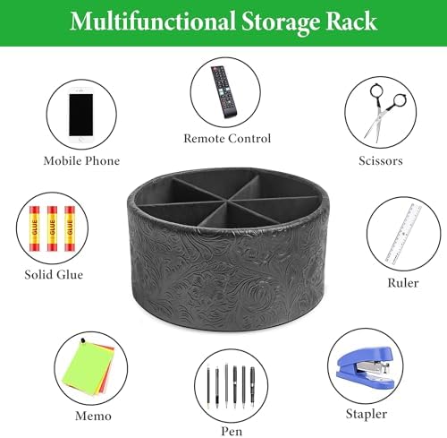 Remote Control Holder, 360°Spinning PU Leather Desk TV Remote Caddy,Desk Storage Box Room Accessories for Controller, Media,Mail,Calculator, Mobile Phone,Pencil(1-Carved Black) - Image 5
