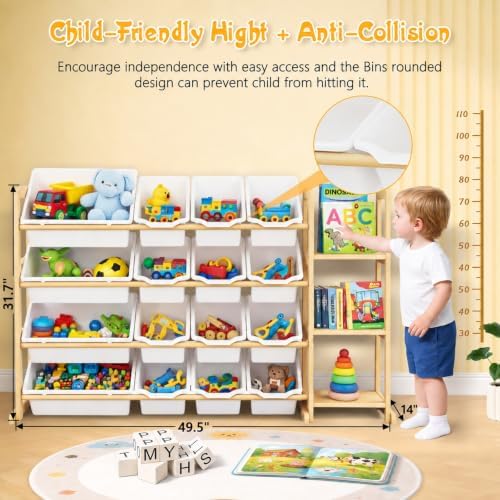 Kids Toy Storage Organizer with Bookshelf – Wooden Shelf with 16 Bins & 3 Shelves, Quick Assembly Storage Rack for Playroom, Bedroom, Nursery - White - Image 2