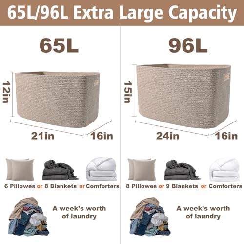 JMvicyroam 96L Large Woven Cotton Rope Blanket Basket, Oatmeal - Image 3