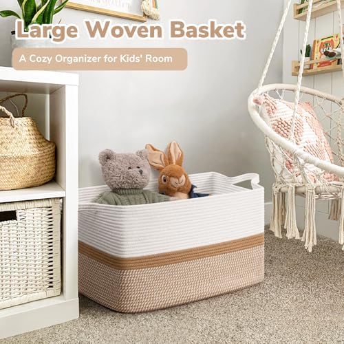 Goodpick Large Woven Rope Blanket Basket, Rectangle, White & Camel Mix - Image 2