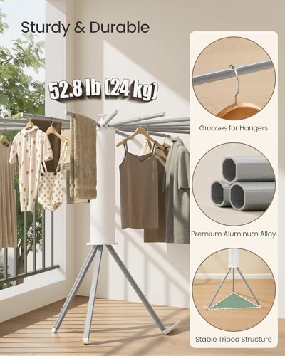 SONGMICS Drying Rack, Foldable Rotary Tripod, 16 Pull-Out Aluminum Arms - Image 4