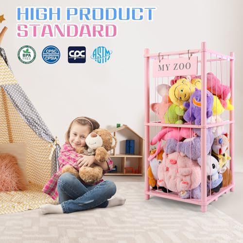GLDZI Stuffed Animal Storage Zoo, Wooden Stuffed Animal Organizer with Elastic Cords for Boys Girls, Space Saving Toy Plushies Storage Holder for Playroom, Bedroom, Living Room (Pink, Small) - Image 3
