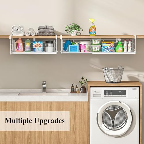 Expandable Under Cabinet Shelf, Extendable Under Shelf Storage with Removable Wire-Like Back for Pantry Cabinet, Laundry Room, Shoe Rack. (White, 2 Pack, Interior: 5" H x 10" D) - Image 5