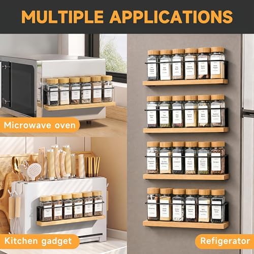 Bamboo Magnetic Spice Rack for Refrigerator, Space Saving Complete Set with 24 Bamboo Lid Glass Jars, 216 Waterproof Labels & Steel Funnel, Fridge Spice Organizer, 11.6" W x 2.4" D x 3.2" H - Image 4