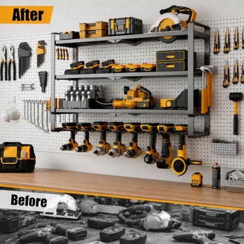 MOOMSINE Large Power Tool Organizer Wall Mount for Garage, 4-Tier Heavy Duty Metal Storage Rack Loads 400lbs, Battery Tools Hanger with 8 Cordless Drill Holders for Workshop, Pegboard, Shed - Image 3