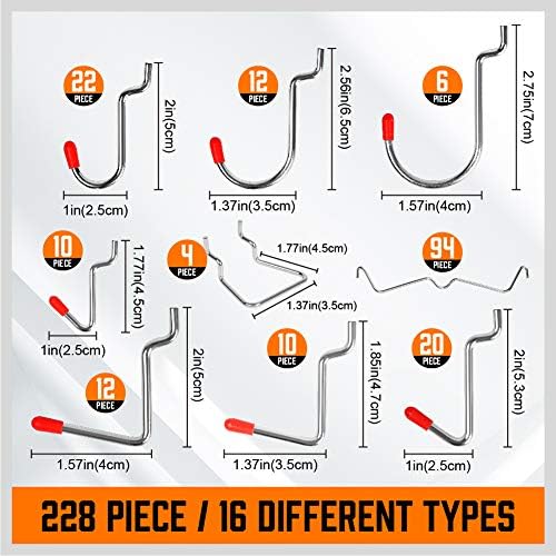 HORUSDY 238 PCS Pegboard Hooks Assortment Kit – 16 Types Heavy Duty Pegboard Accessories with Bins – Fits 1/8 & 1/4 Inch Pegboard Metal Hooks for Garage, Workshop, and Tool Storage Organization - Image 6