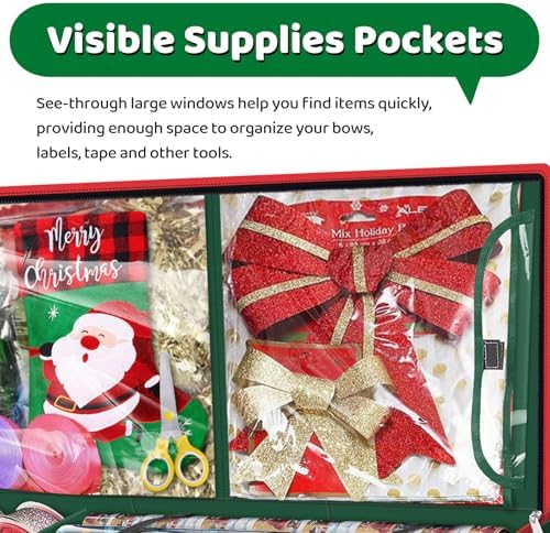 Fabspace Christmas Wrapping Paper Storage Containers, 40 Inch Gift Wrap Organizer, Visible Supplies Pockets for Xmas Accessories, Underbed Storage for Christmas Decorations, Green - Image 4