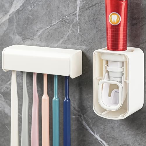 Toothbrush Holder Wall Mounted with Cover for Bathroom, 6 Slots Toothbrush Storage Organizer for Shower, Self Adhesive Toothbrush Hanger with Automatic Toothpaste Squeezer Dispenser (White) by LUEXBOX