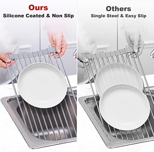 MERRYBOX Roll Up Dish Drying Rack, Over The Sink Dish Rack Foldable, Heat-Resistant, Anti-Slip Silicone Coated Steel Dish Drainer for Kitchen Sink, Multipurpose Roll Up Sink Drying Rack, 17.5" x 13" - Image 6