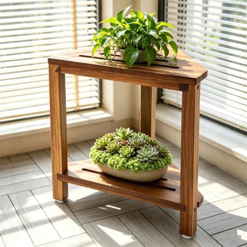 IBosins Corner Shower Stool 16.1in Small Bench Storage Shelf Natural Finish - Image 7