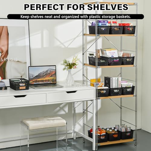 12 Pack Plastic Storage Baskets for Organizing, Storage Baskets for Shelves with Handles, Small Storage Bins with Labels, Classroom Storage Organization for Cabinet,Closet, Office,Black - Image 4