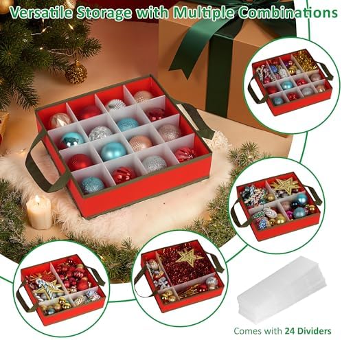 Christmas Ornament Storage Box, Clear Ornament Storage Include 4 Trays with Adjustable Dividers, Ornament Organizer with Handle Store Up to 64 Holiday Ornaments, Clear Top - Image 5