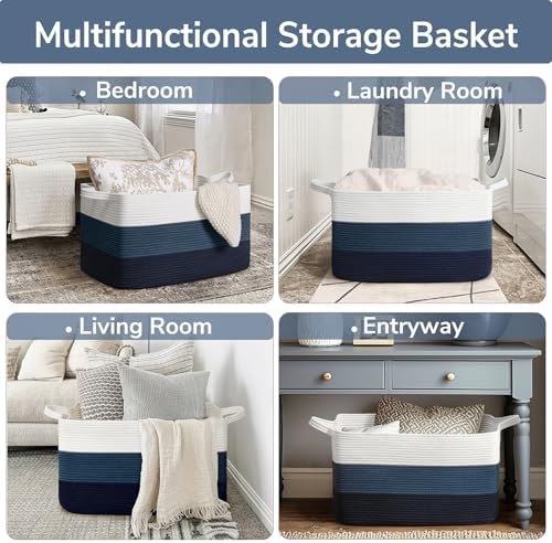 Goodpick Large Woven Rope Blanket Basket, Rectangle, Light Blue - Image 4