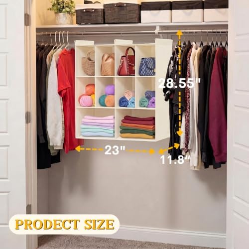 3 Tier Hanging Closet Organizer, 10 Compartments Dual Row Storage, Beige - Image 3