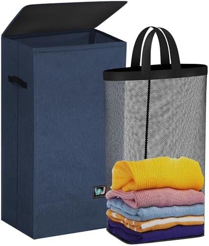 WTREE Laundry Hamper with Lid, Reinforced Sturdy Clothes Hamper with Anti-Puncture Base, Large Collapsible Laundry Basket with Removable Liner Bag, Tall Dirty Clothes Bin for Family, 100L Navy Blue by WTREE