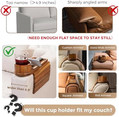 Couch Cup Holder for Armrests Over 4.9" Wide with 360° Phone Stand Acacia - Image 2