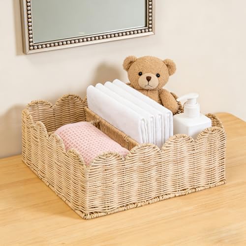 Rattan Divided Scalloped Basket,Wicker Diaper Caddy Scalloped Baske,Woven Natural Basket with 4 Dividers,Suitable for Baby Rooms, Bathrooms, Bedrooms (Rattan) - Image 2