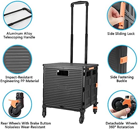 Utility Cart Folding Portable Rolling Crate Handcart with Lid Durable Heavy Duty Plastic Telescoping Handle Collapsible 360 Degree Rotate Wheels for Travel Shopping Moving Luggage Office Use,Black - Image 3