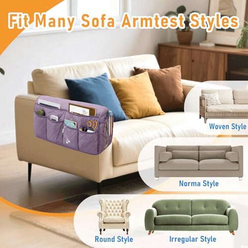 Armchair Caddy for Recliner, Non-Slip Recliner Pocket Organizer, Remote Holder for Recliners, Sofa Armrest Organizer, Couch Caddy with 14 Pockets Storage for TV Remote, Phone, Magazine (Purple) - Image 7