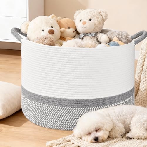 67L Large Blanket Basket, 20"x13" Blanket Basket Living Room, Woven Baskets With Handle, Toy Baskets for Blankets, Nursery, Dog, Pillow, Gift (White & Light Grey) - Image 2