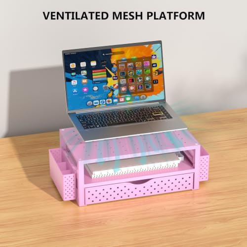 WALI Desk Organizer with Drawer and Pen Holder, 3 Tier Computer Monitor Stand for Home Office Supplies, Laptop Stand Riser for Computer, Laptop, Printer(PTT004-P), 1 Pack, Pink - Image 4
