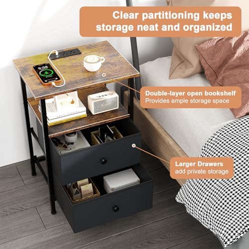 Nightstand with Charging Station, Bedside End Table with 2 Fabric Drawers for Bedroom, Side Table with USB Ports and Outlets (Brown Black) - Image 4
