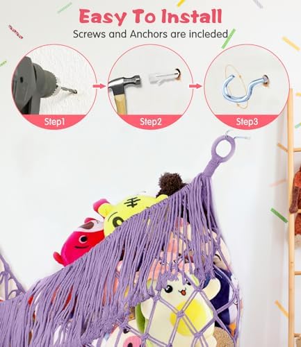 Extra Large Stuffed Animal Net Hammock - [56'' Long/Handwoven Macrame/Lavender] Hammock Storage for Flat Wall, Hardware Included - Image 6