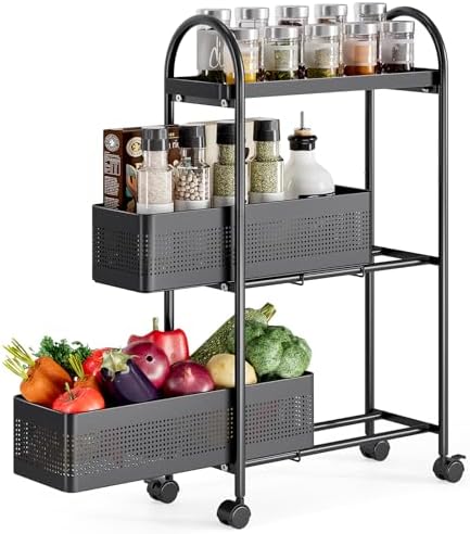 KINGRACK 3 Tier Slim Rolling Cart with Drawer, Metal Utility Storage Cart by KINGRACK