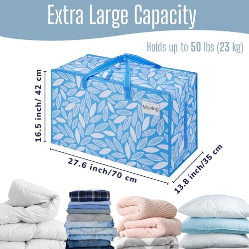 VENO 4 Pack Extra Large Heavy Duty Moving Bags with Wide Opening & Reinforced Handles, Reusable Storage Tote Bags with Strong Zippers for Clothes, College Dorm Essentials & Moving Supplies - Image 4