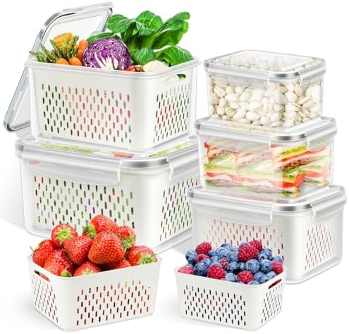 TBMax Fruit Storage Containers for Fridge Organizers and Storage, 10 Pieces Large Produce Saver with Airtight Lid & Colander for Berry Lettuce Salad Vegetable Storage, Refrigerator Organizers by TBMax