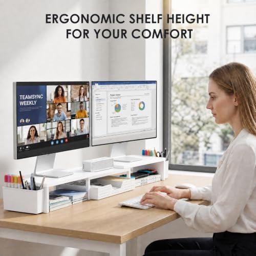 OPNICE Desk Organizers and Accessories, Dual Monitor Stand Riser with Drawer and 2 Pen Holders, Desk Shelf Computer Racks & Printer Stand for Office Workspace Organizers, Desktop Organization (White) - Image 2