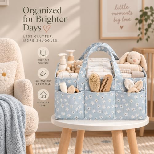 PeraBella Baby Diaper Caddy Organizer, Floral Baby Basket Shower Gift, Nursery Organizer Basket Newborn Boy & Girl Essential Items, Changing Table Organizer Caddy for Baby Stuff, Car Caddy- Blue Daisy - Image 5