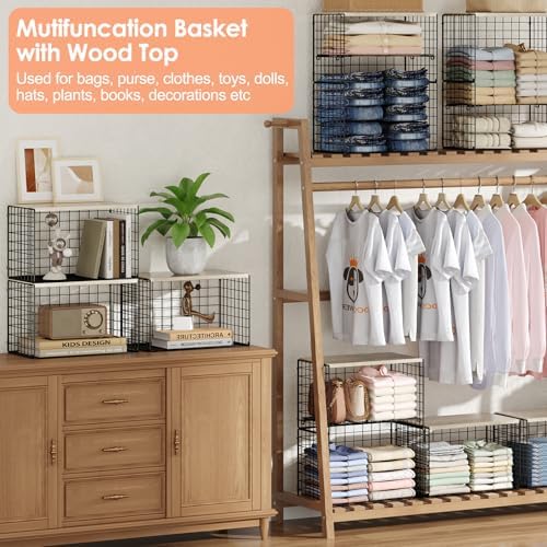 5-Tier Large Stackable Closet Organizer and Storage Basket, Sturdy Closet Shelf Organizer with Wood Top, Stackable Storage Bins Cubes for Clothes with Adjustable Shelf for Wardrobe Organization - Image 4