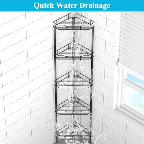 HuggieGems 5 Tier Floor Standing Corner Shower Caddy Organizer Shelf with Hooks, Bathroom Shelves Stand Rack, Black - Image 6