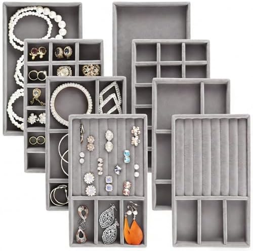Jewelry Trays,Grey Velvet Stackable Organizer Trays,Drawer Inserts Jewelry Display Case For Rings Stud Necklaces Earring Organizer Tray for Women Girls-8 Pack by Unknown