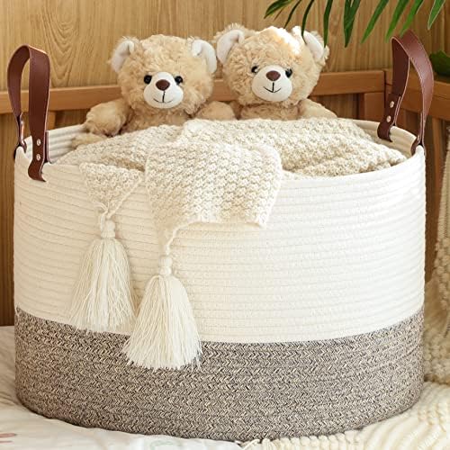 KAKAMAY Large Blanket Basket (20"x13"),Woven Baskets for storage Baby Laundry Hamper,Cotton Rope Blanket Basket for Living Room, Laundry, Nursery, Pillows, Baby Toy chest (White/Beige) by KAKAMAY