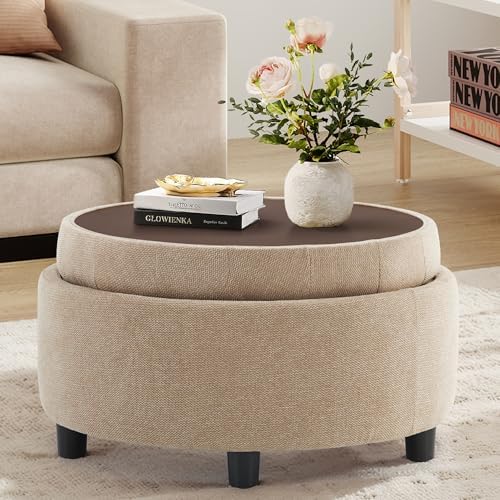 COLAMY Fabric Round Storage Ottoman with Reversible Tray Lid(Camel) by COLAMYHOME