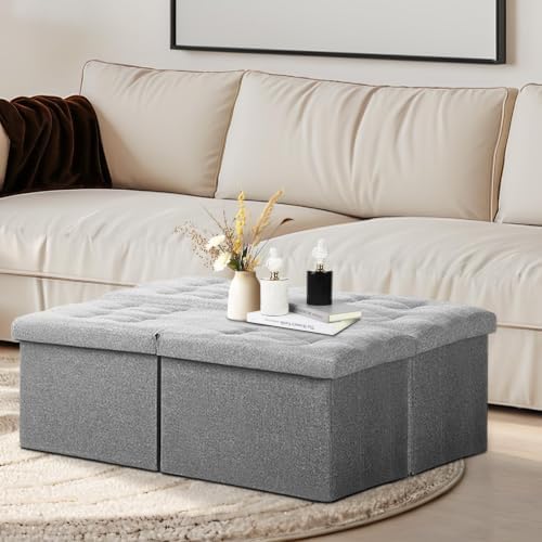 AmasSmile Footrest Ottoman Storage Bench, 34" Linen Folding Chest, Gray - Image 2