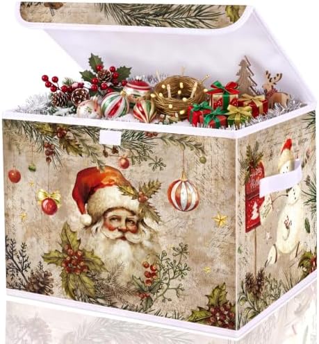 Briwooody Vintage Christmas Storage Bin with Lid and Carrying Handle Retro Santa Claus Foldable Storage Box Large Xmas Decorative Collapsible Container Basket for Organizing Closet Home Bedroom Gift by Briwooody